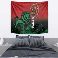 Kenya independence day tapestry, red with green lion and crest, KENYA vertical lettering