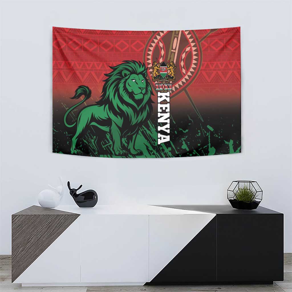 Kenya independence day tapestry showing green lion, red patterned background, crest and KENYA word