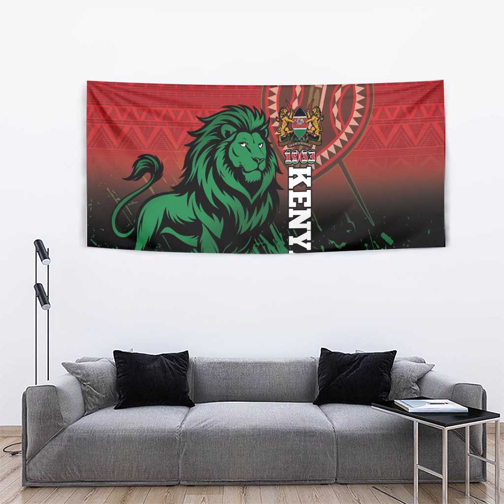 Kenya independence day tapestry, red scene with green lion, crest, and KENYA text centered