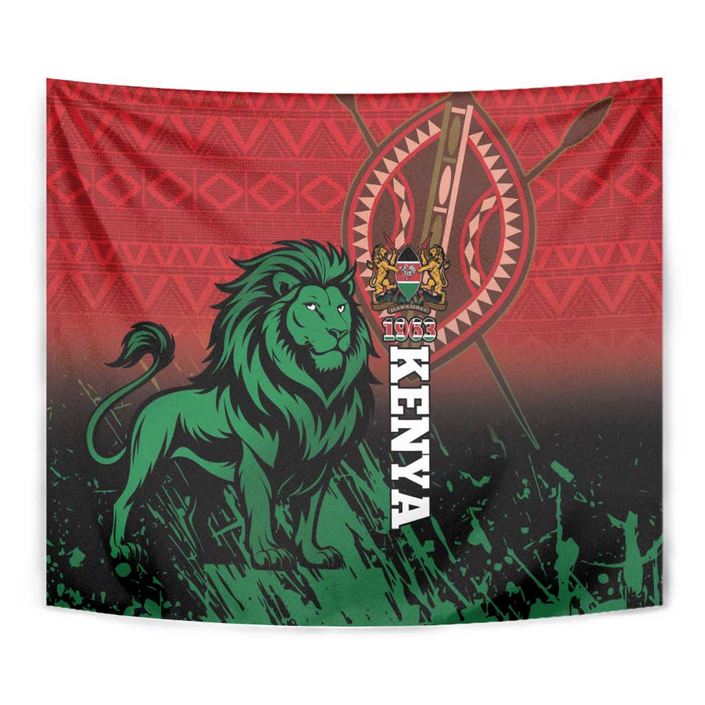 Kenya independence day tapestry close-up: green lion, red patterned top, crest and KENYA lettering