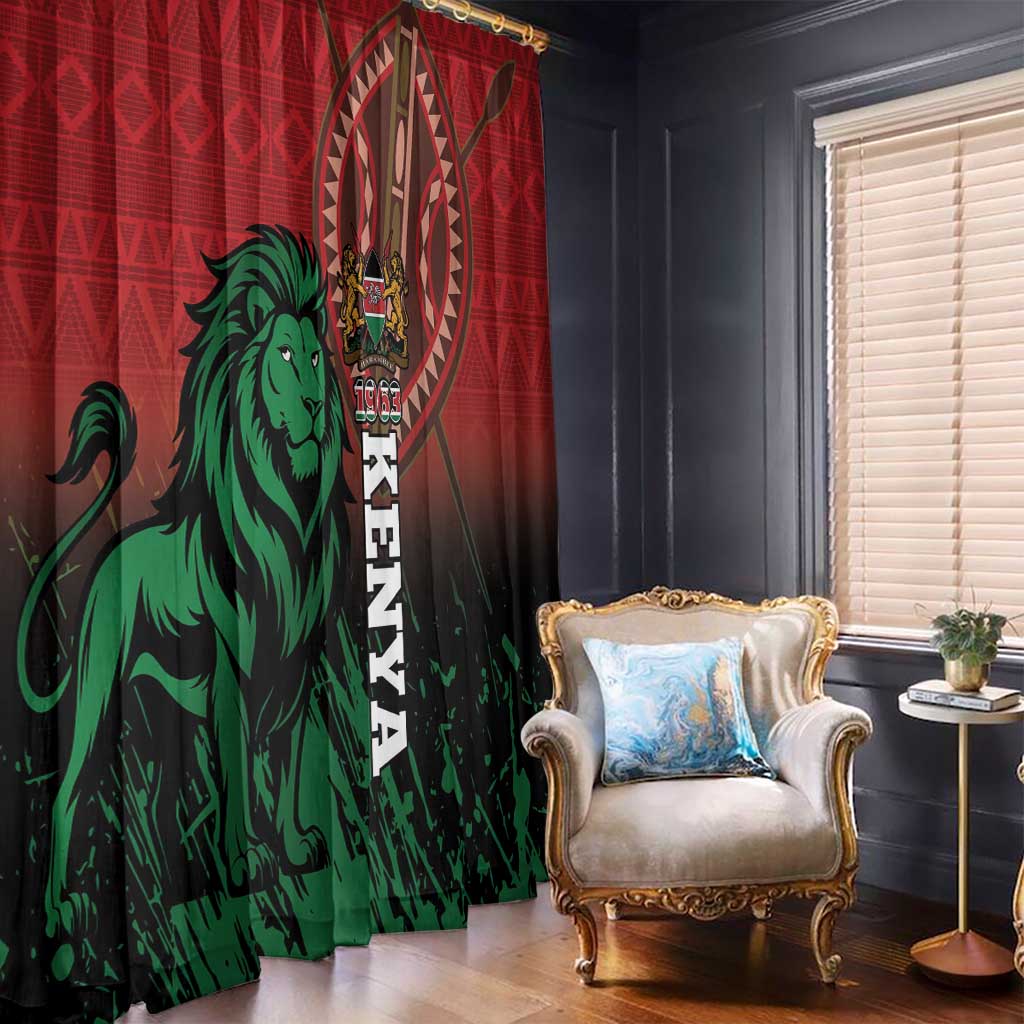 Red green Kenya lion window curtain with vertical crest and 1963 text design.