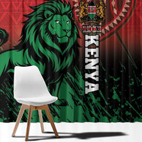 Close view of green lion and vertical Kenya 1963 crest on red window curtain.