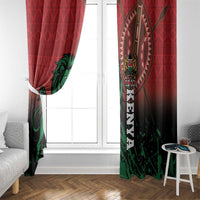 Red and black Kenya lion window curtains with crest and long 1963 vertical text.