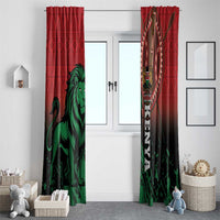 Pair of red Kenya lion window curtains with crest emblem and diagonal tribal pattern.