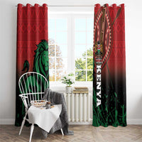 Red Kenya lion window curtains with vertical crest emblem and bold 1963 text strip.
