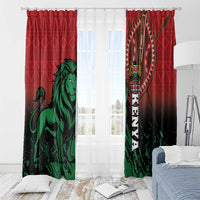 Red Kenya lion window curtains with vertical crest and 1963 text, grommet top visible.