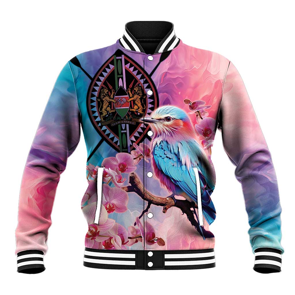 Pink roller baseball jacket with bird graphic, floral prints, striped collar and cuffs
