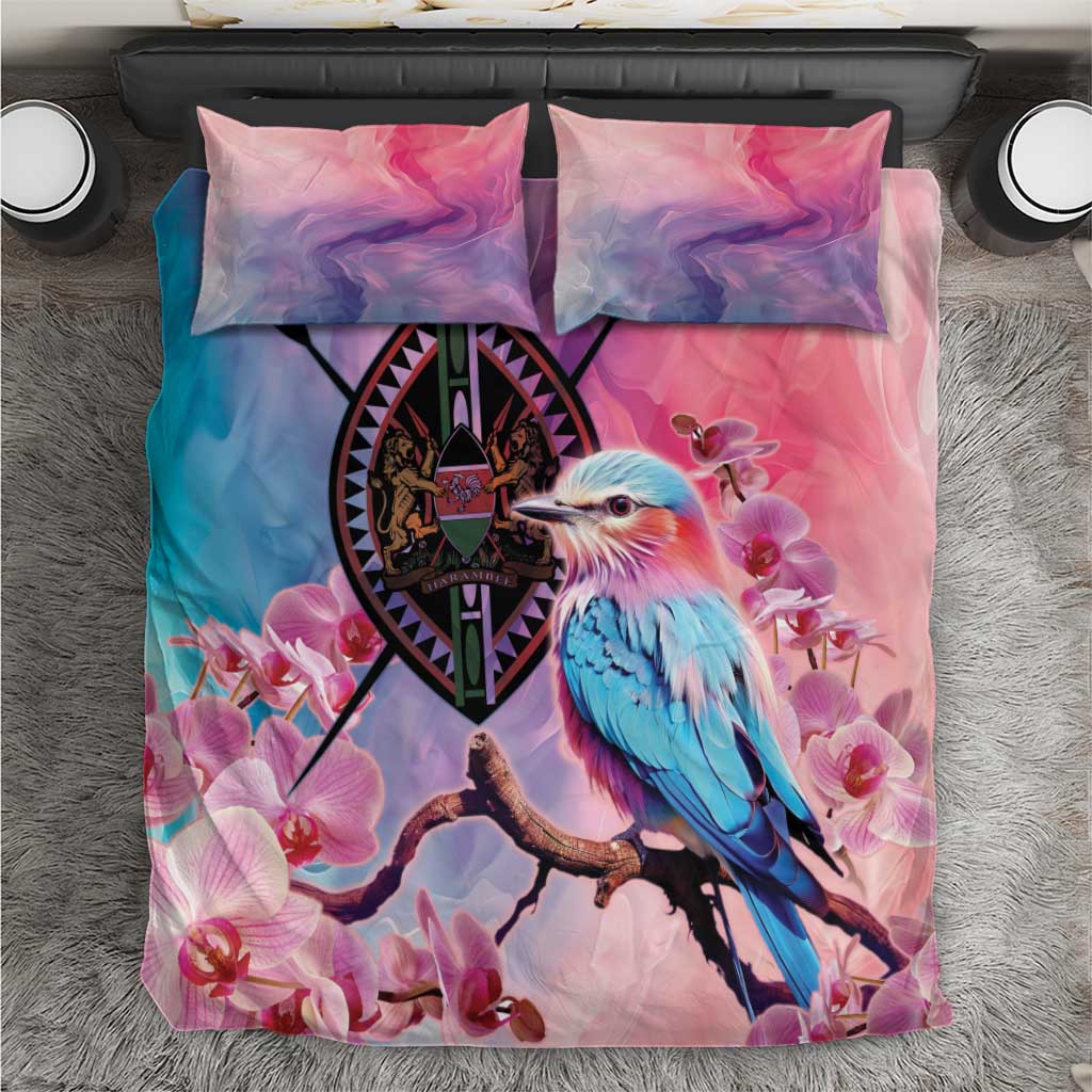 Lilac and blue roller bedding set with bird, orchid flowers, and coat-of-arms emblem