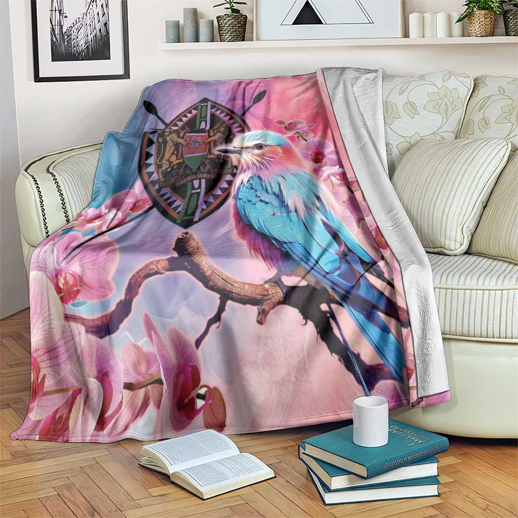 Lilac and pink bird-themed roller blanket coat with crest emblem and orchids print