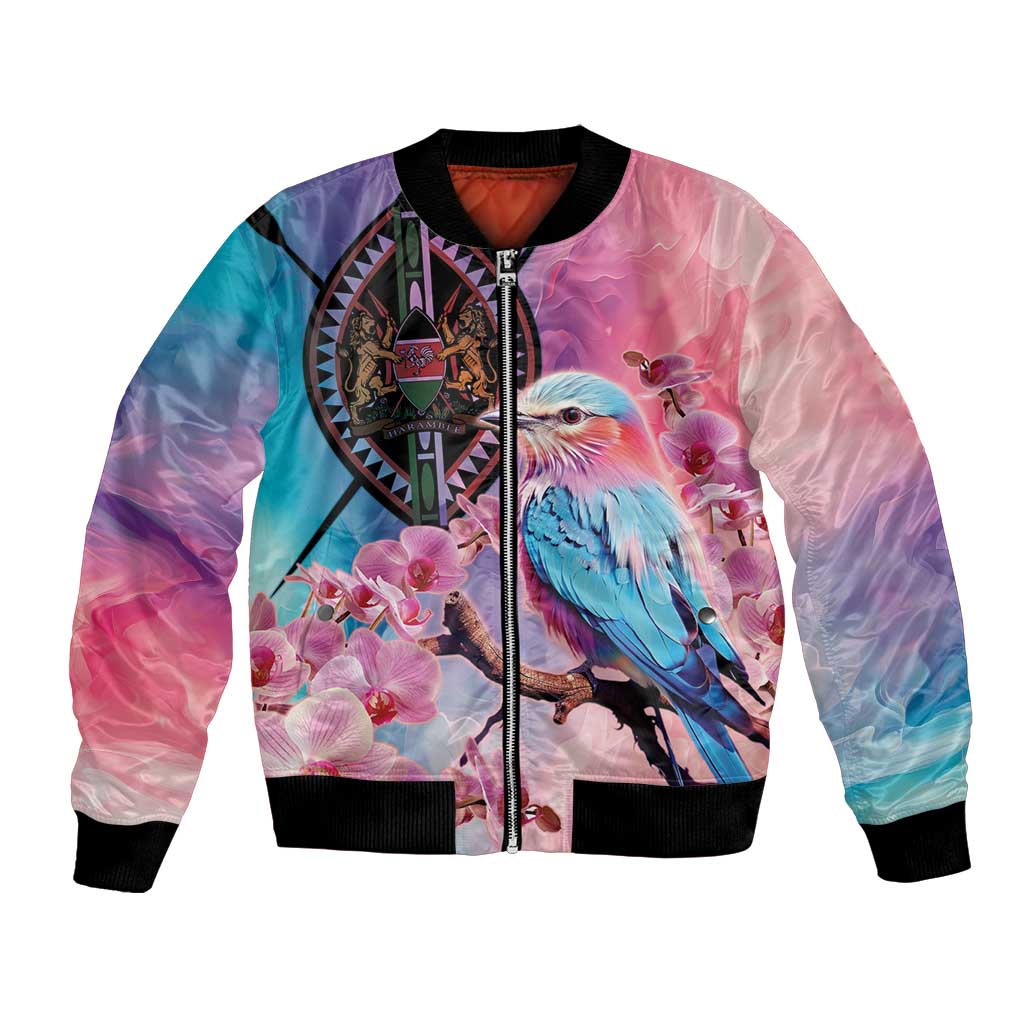 Pink and blue roller bomber jacket with bird-and-orchid print, front zipper, black trim