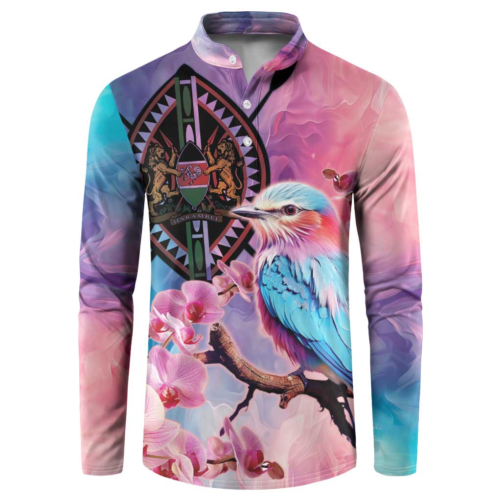 Pink multi-color button-up sweatshirt coat with bird and orchid graphic on chest