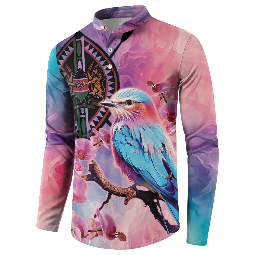 Pink multi-color button-up sweatshirt coat with bird and orchid graphic, standing collar