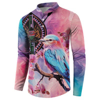 Pink multi-color button-up sweatshirt coat with bird and orchid graphic, standing collar