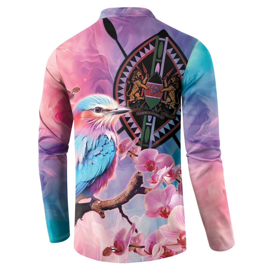 Pink multi-color button-up sweatshirt coat, back print with bird and orchid on branch