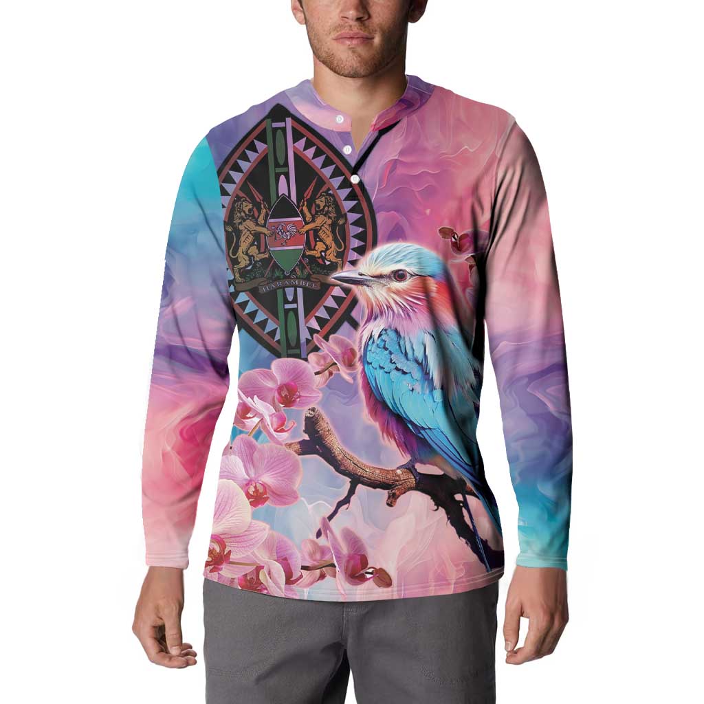 Men's pink multi-color button-up sweatshirt coat with bird, orchids, and crest emblem
