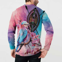 Pink multi-color button-up sweatshirt coat, back view with bird perched and orchids