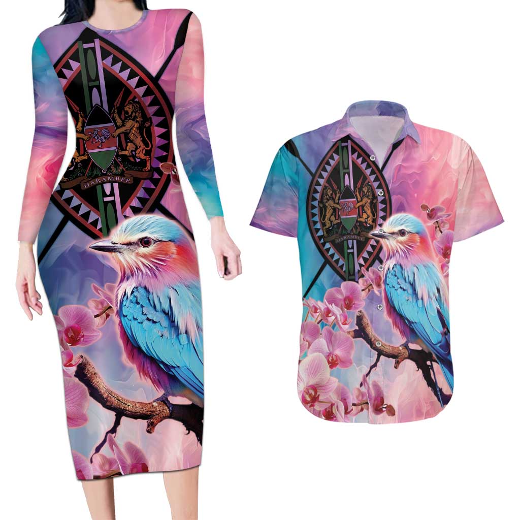 Kenya Lilac-Breasted Roller Couples Matching Long Sleeve Bodycon Dress and Hawaiian Shirt Coat Of Arms Mix Orchid - Wonder Print Shop