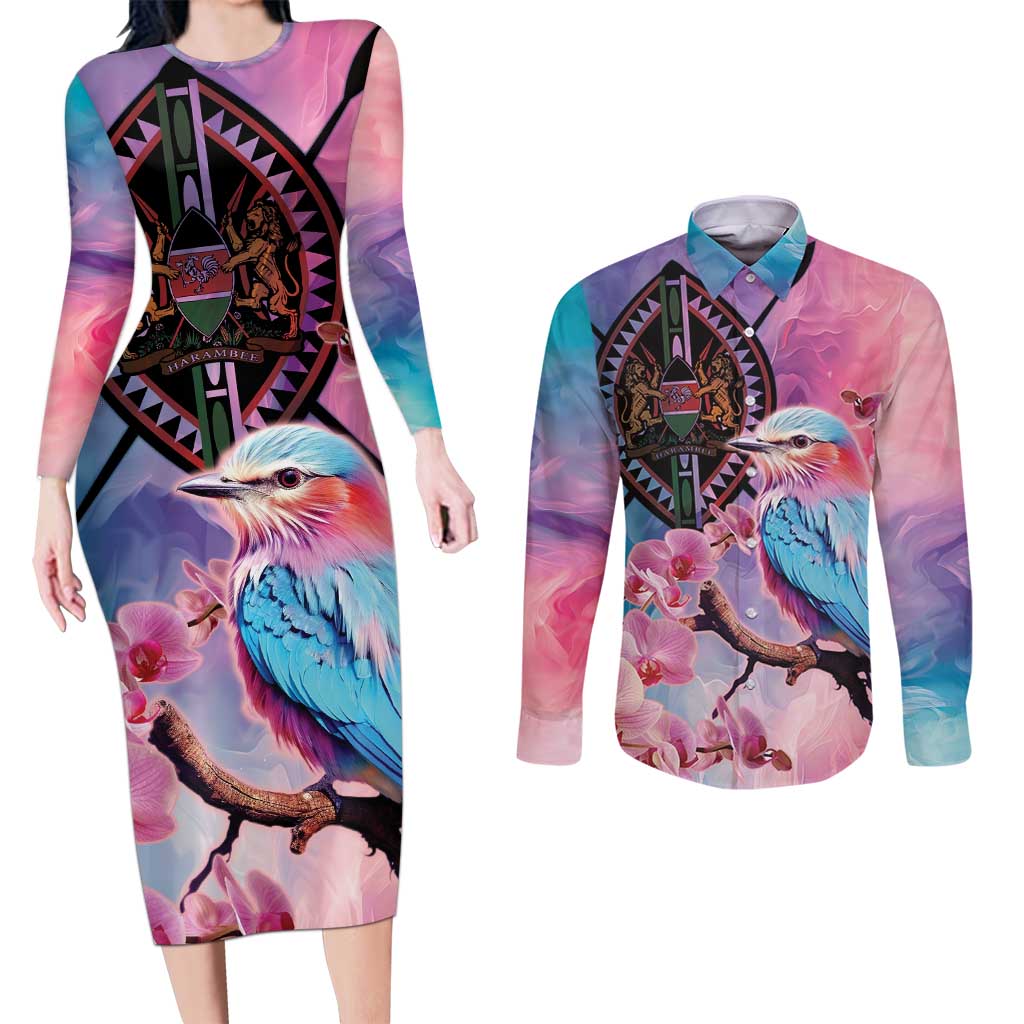 Kenya Lilac-Breasted Roller Couples Matching Long Sleeve Bodycon Dress and Long Sleeve Button Shirt Coat Of Arms Mix Orchid - Wonder Print Shop