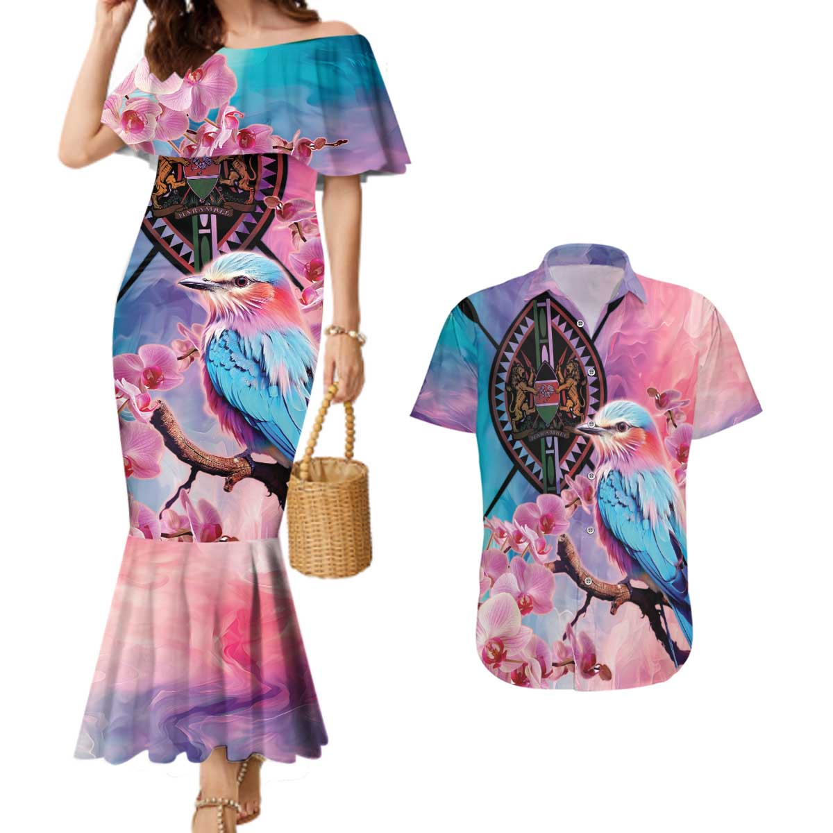 Kenya Lilac-Breasted Roller Couples Matching Mermaid Dress and Hawaiian Shirt Coat Of Arms Mix Orchid - Wonder Print Shop