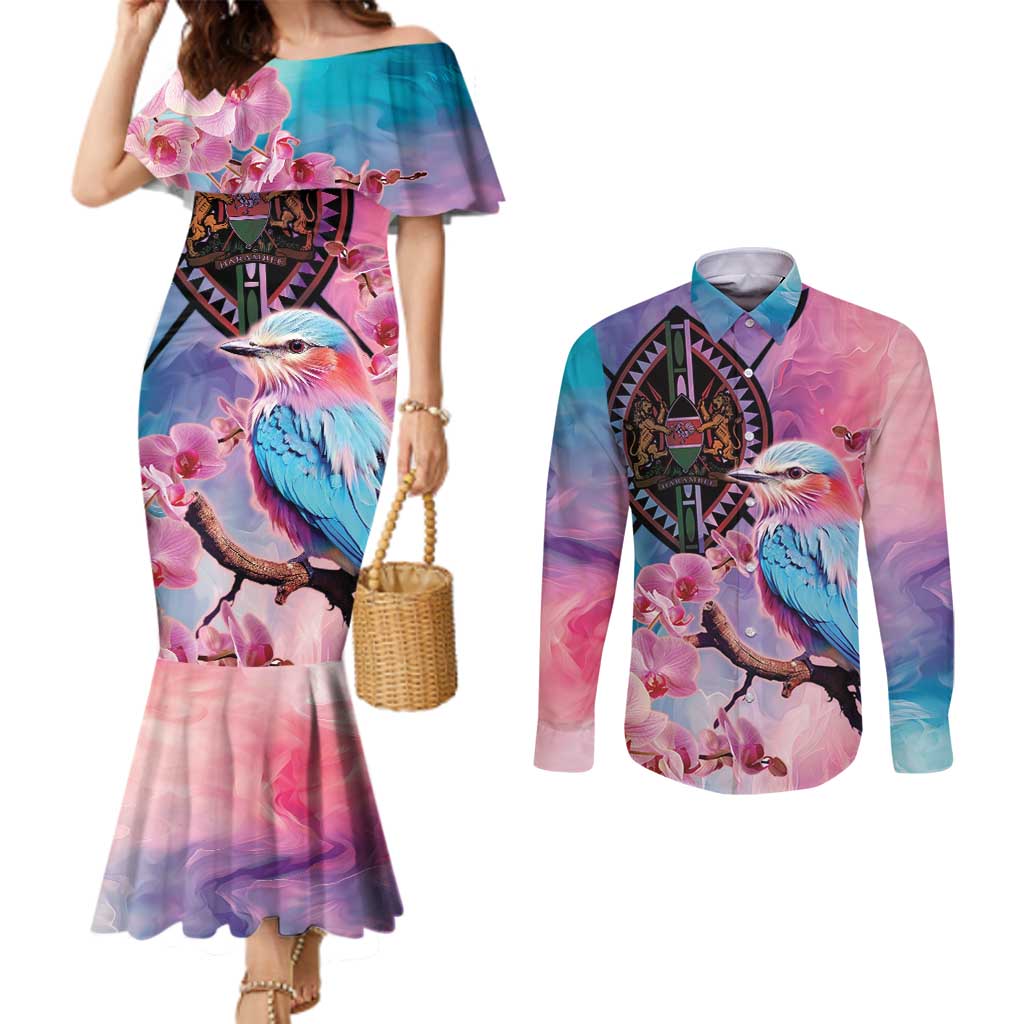 Kenya Lilac-Breasted Roller Couples Matching Mermaid Dress and Long Sleeve Button Shirt Coat Of Arms Mix Orchid