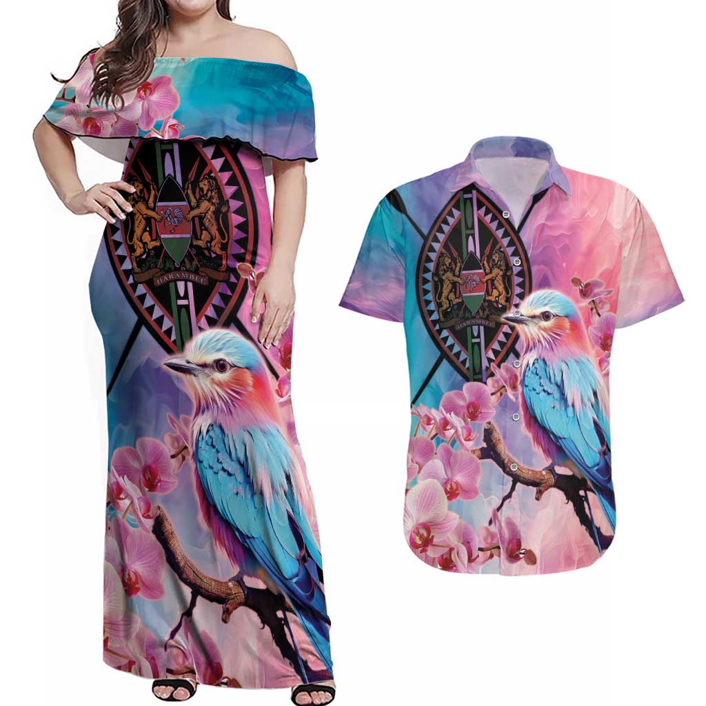 Kenya Lilac-Breasted Roller Couples Matching Off Shoulder Maxi Dress and Hawaiian Shirt Coat Of Arms Mix Orchid - Wonder Print Shop