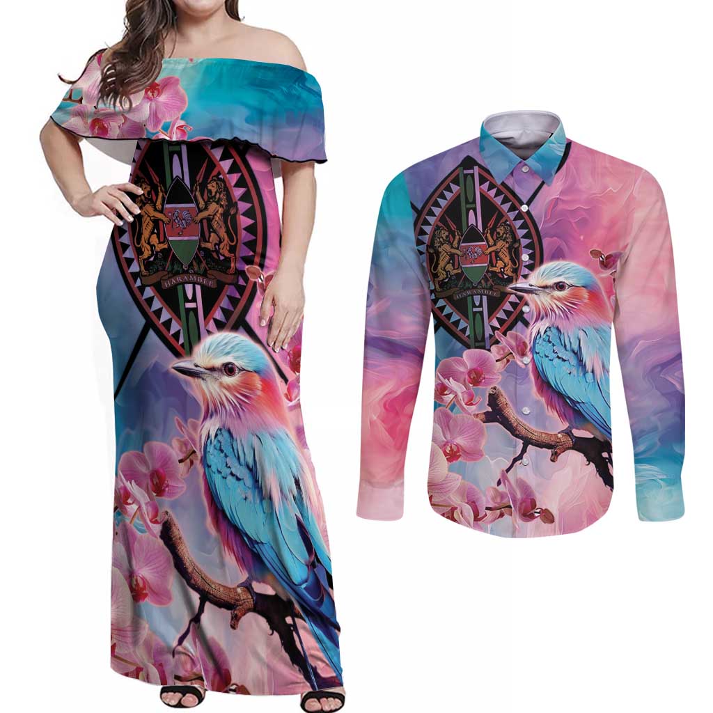 Kenya Lilac-Breasted Roller Couples Matching Off Shoulder Maxi Dress and Long Sleeve Button Shirt Coat Of Arms Mix Orchid - Wonder Print Shop