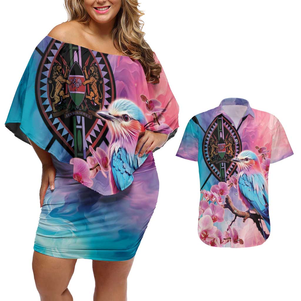 Kenya Lilac-Breasted Roller Couples Matching Off Shoulder Short Dress and Hawaiian Shirt Coat Of Arms Mix Orchid - Wonder Print Shop