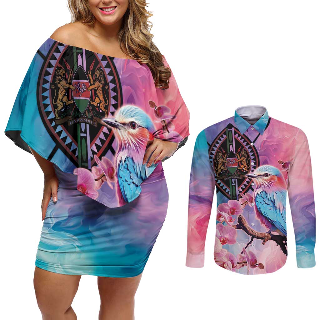 Kenya Lilac-Breasted Roller Couples Matching Off Shoulder Short Dress and Long Sleeve Button Shirt Coat Of Arms Mix Orchid - Wonder Print Shop