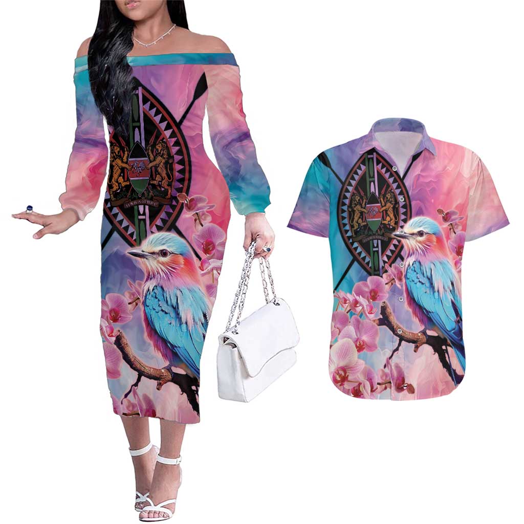 Kenya Lilac-Breasted Roller Couples Matching Off The Shoulder Long Sleeve Dress and Hawaiian Shirt Coat Of Arms Mix Orchid - Wonder Print Shop