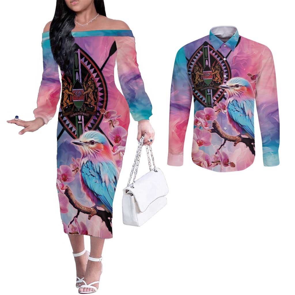 Kenya Lilac-Breasted Roller Couples Matching Off The Shoulder Long Sleeve Dress and Long Sleeve Button Shirt Coat Of Arms Mix Orchid