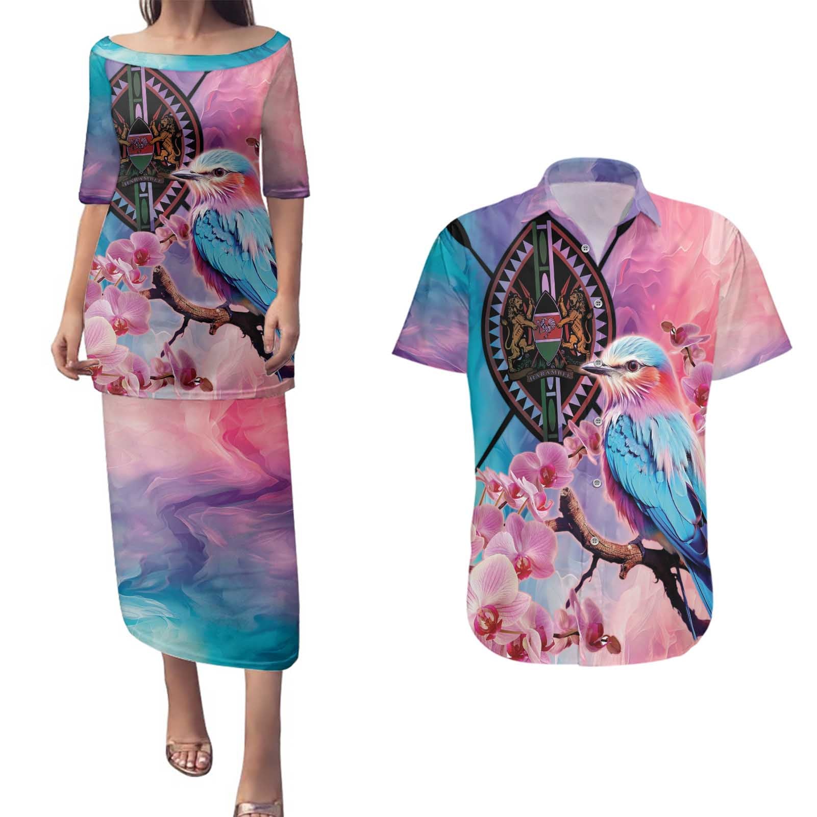 Kenya Lilac-Breasted Roller Couples Matching Puletasi and Hawaiian Shirt Coat Of Arms Mix Orchid - Wonder Print Shop