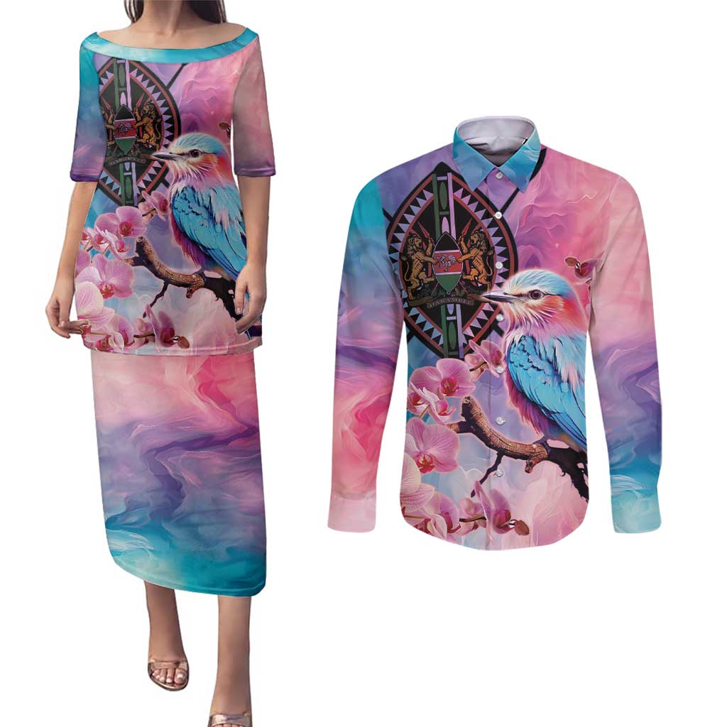 Kenya Lilac-Breasted Roller Couples Matching Puletasi and Long Sleeve Button Shirt Coat Of Arms Mix Orchid - Wonder Print Shop