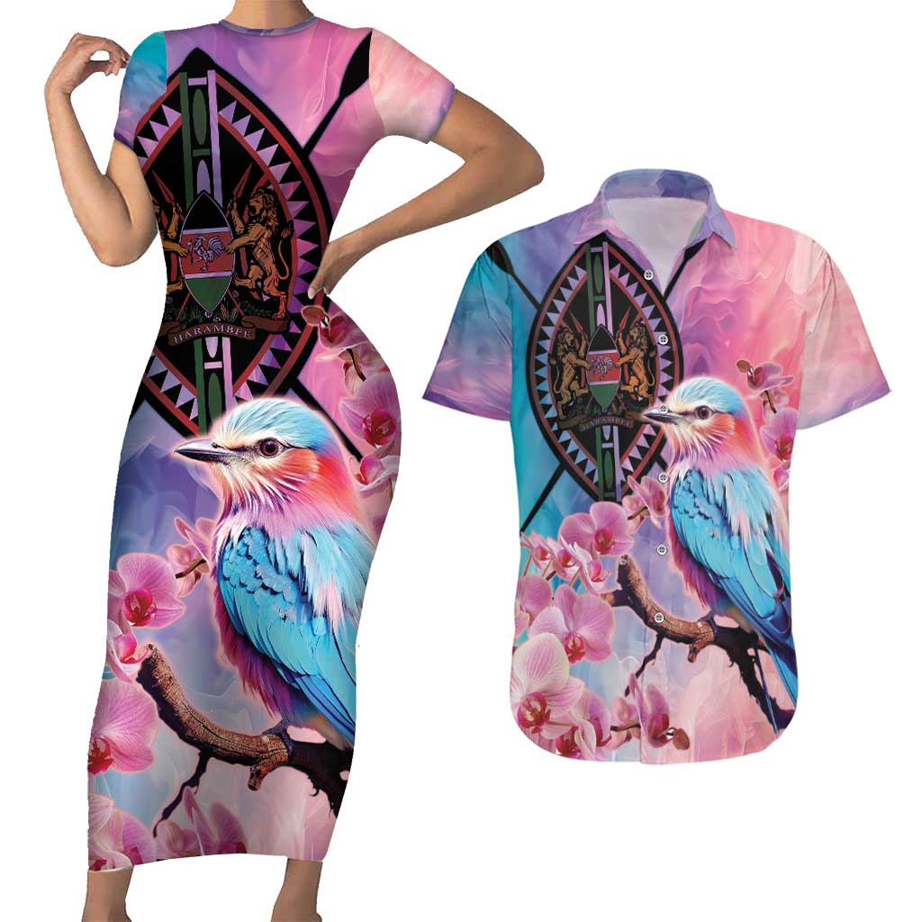 Kenya Lilac-Breasted Roller Couples Matching Short Sleeve Bodycon Dress and Hawaiian Shirt Coat Of Arms Mix Orchid - Wonder Print Shop