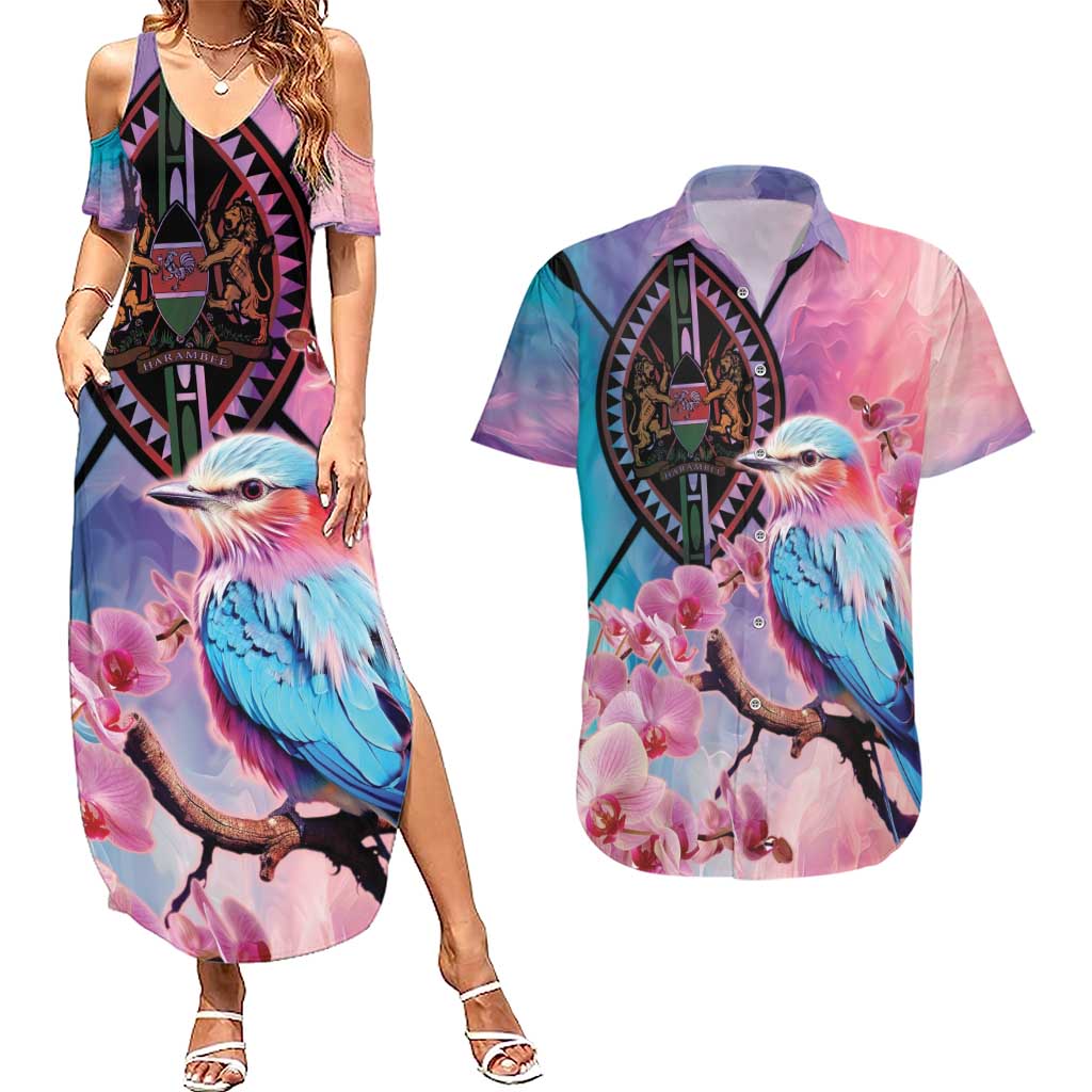 Kenya Lilac-Breasted Roller Couples Matching Summer Maxi Dress and Hawaiian Shirt Coat Of Arms Mix Orchid - Wonder Print Shop