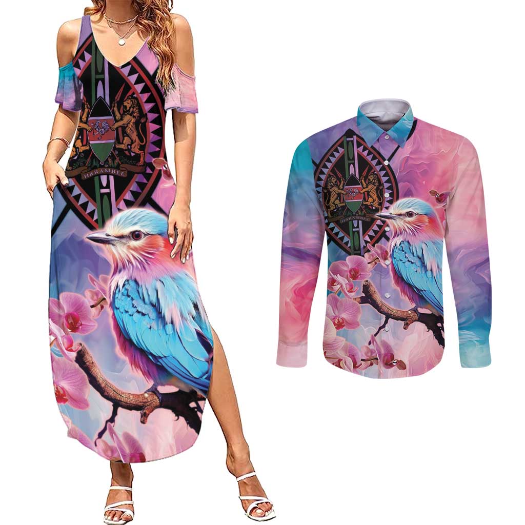 Kenya Lilac-Breasted Roller Couples Matching Summer Maxi Dress and Long Sleeve Button Shirt Coat Of Arms Mix Orchid - Wonder Print Shop