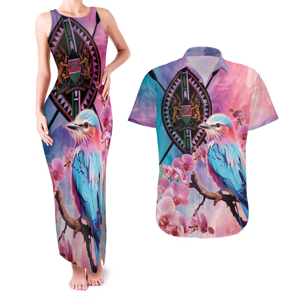 Kenya Lilac-Breasted Roller Couples Matching Tank Maxi Dress and Hawaiian Shirt Coat Of Arms Mix Orchid - Wonder Print Shop