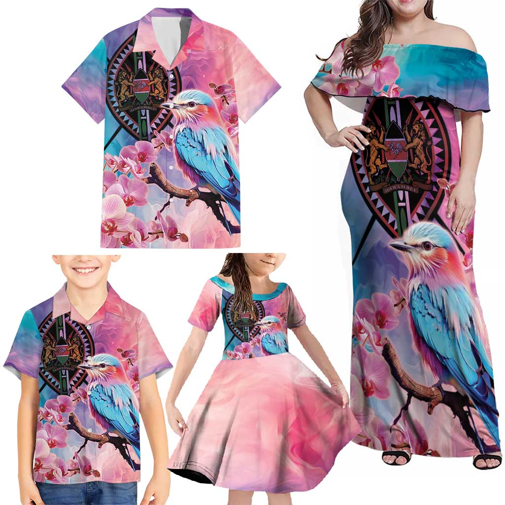 Kenya Lilac-Breasted Roller Family Matching Off Shoulder Maxi Dress and Hawaiian Shirt Coat Of Arms Mix Orchid - Wonder Print Shop