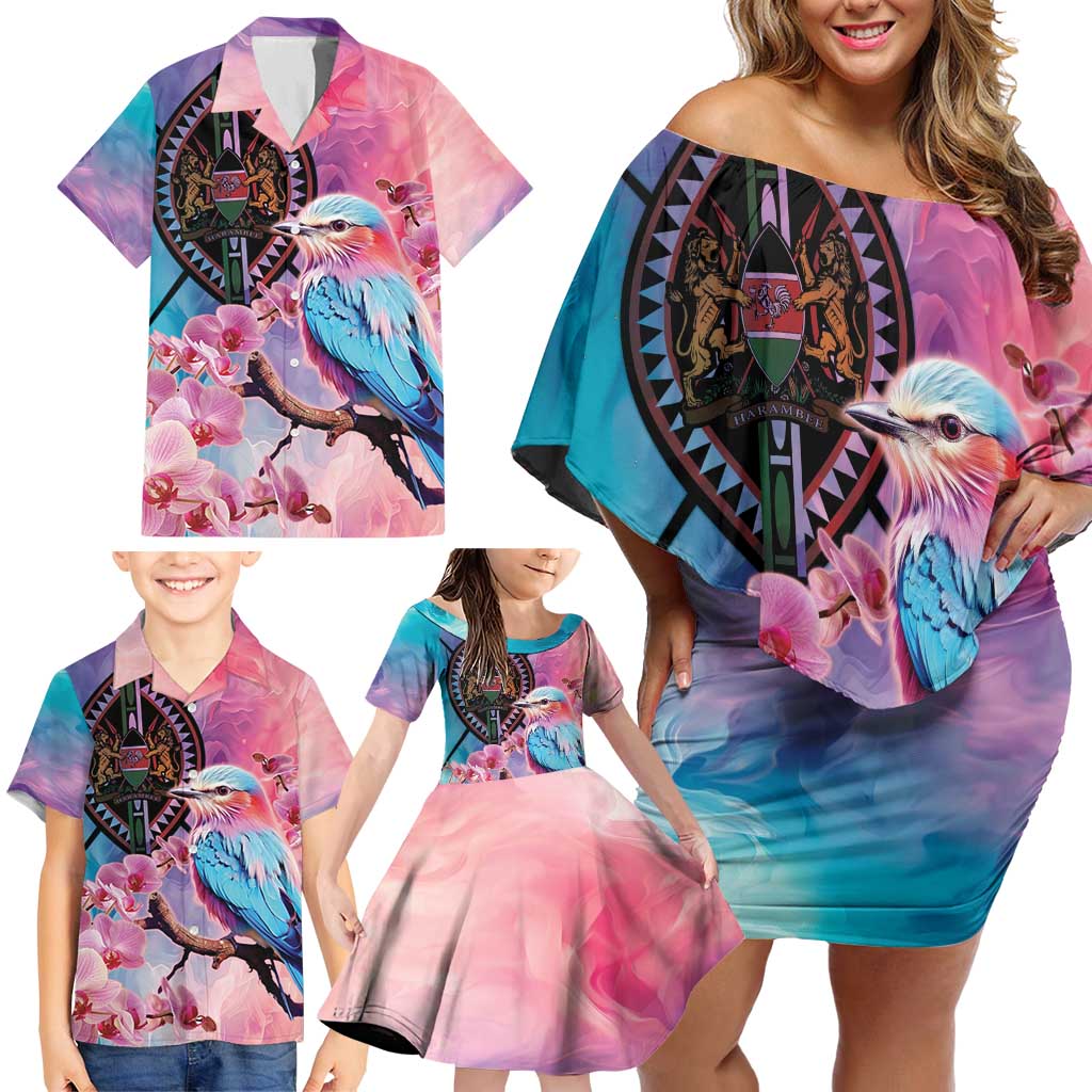 Kenya Lilac-Breasted Roller Family Matching Off Shoulder Short Dress and Hawaiian Shirt Coat Of Arms Mix Orchid - Wonder Print Shop