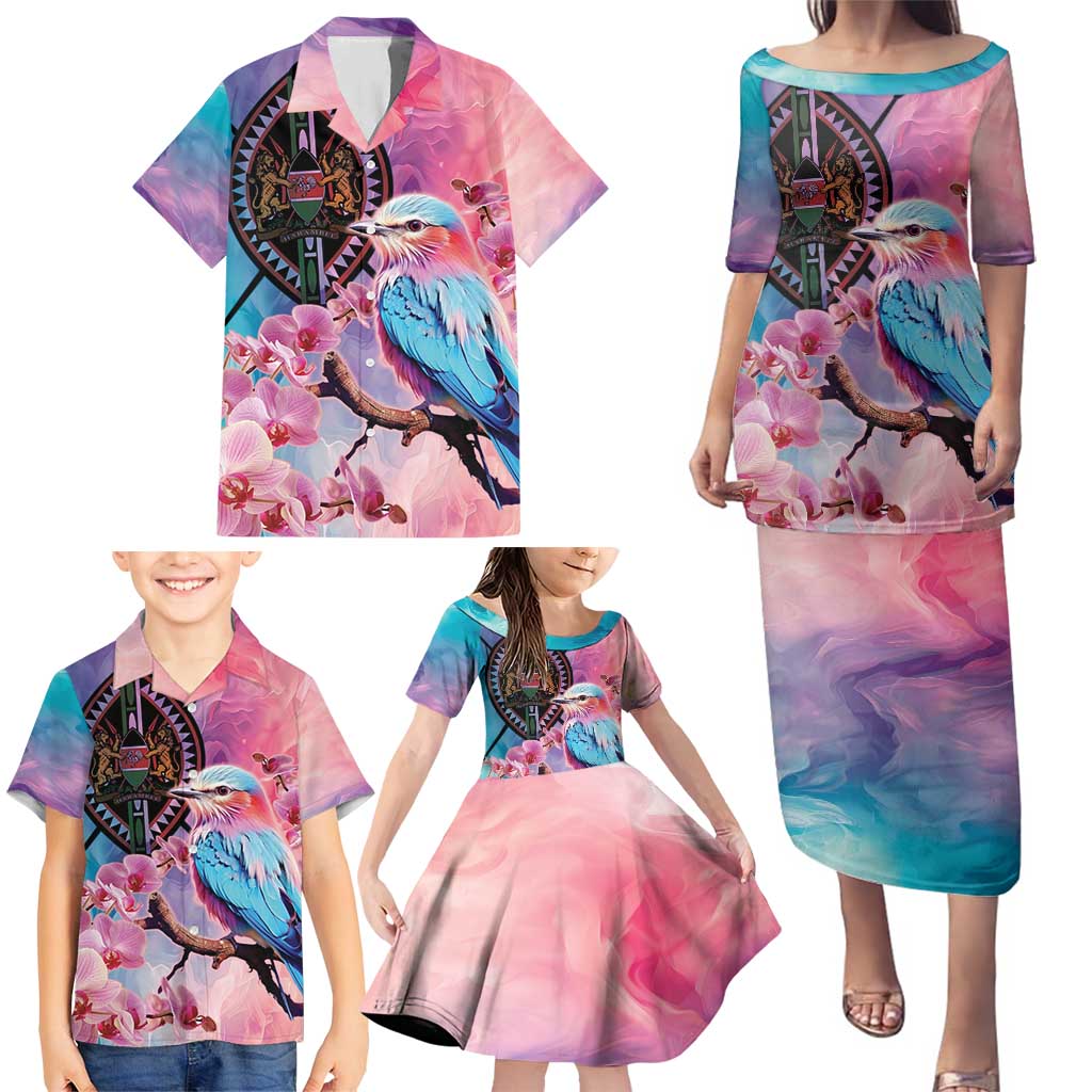 Kenya Lilac-Breasted Roller Family Matching Puletasi and Hawaiian Shirt Coat Of Arms Mix Orchid - Wonder Print Shop