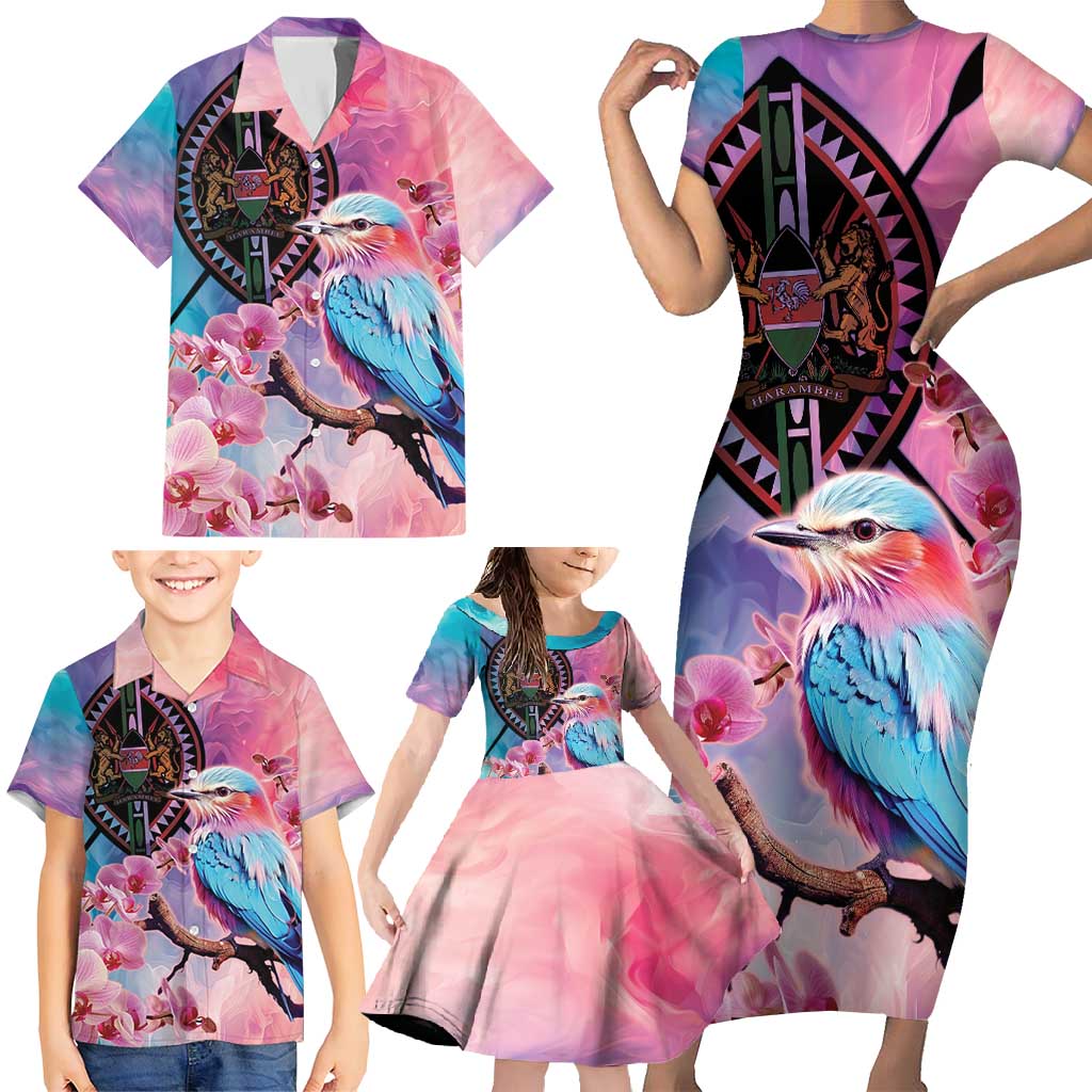 Kenya Lilac-Breasted Roller Family Matching Short Sleeve Bodycon Dress and Hawaiian Shirt Coat Of Arms Mix Orchid - Wonder Print Shop