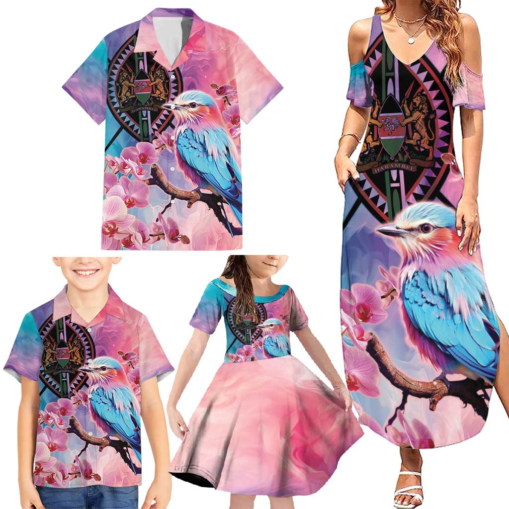 Kenya Lilac-Breasted Roller Family Matching Summer Maxi Dress and Hawaiian Shirt Coat Of Arms Mix Orchid - Wonder Print Shop