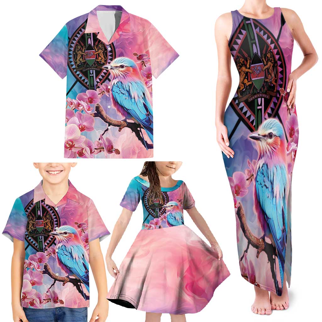 Kenya Lilac-Breasted Roller Family Matching Tank Maxi Dress and Hawaiian Shirt Coat Of Arms Mix Orchid - Wonder Print Shop