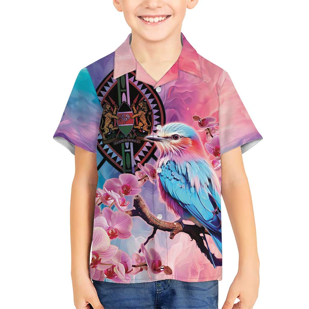 Kenya Lilac-Breasted Roller Kid Hawaiian Shirt Coat Of Arms Mix Orchid - Wonder Print Shop