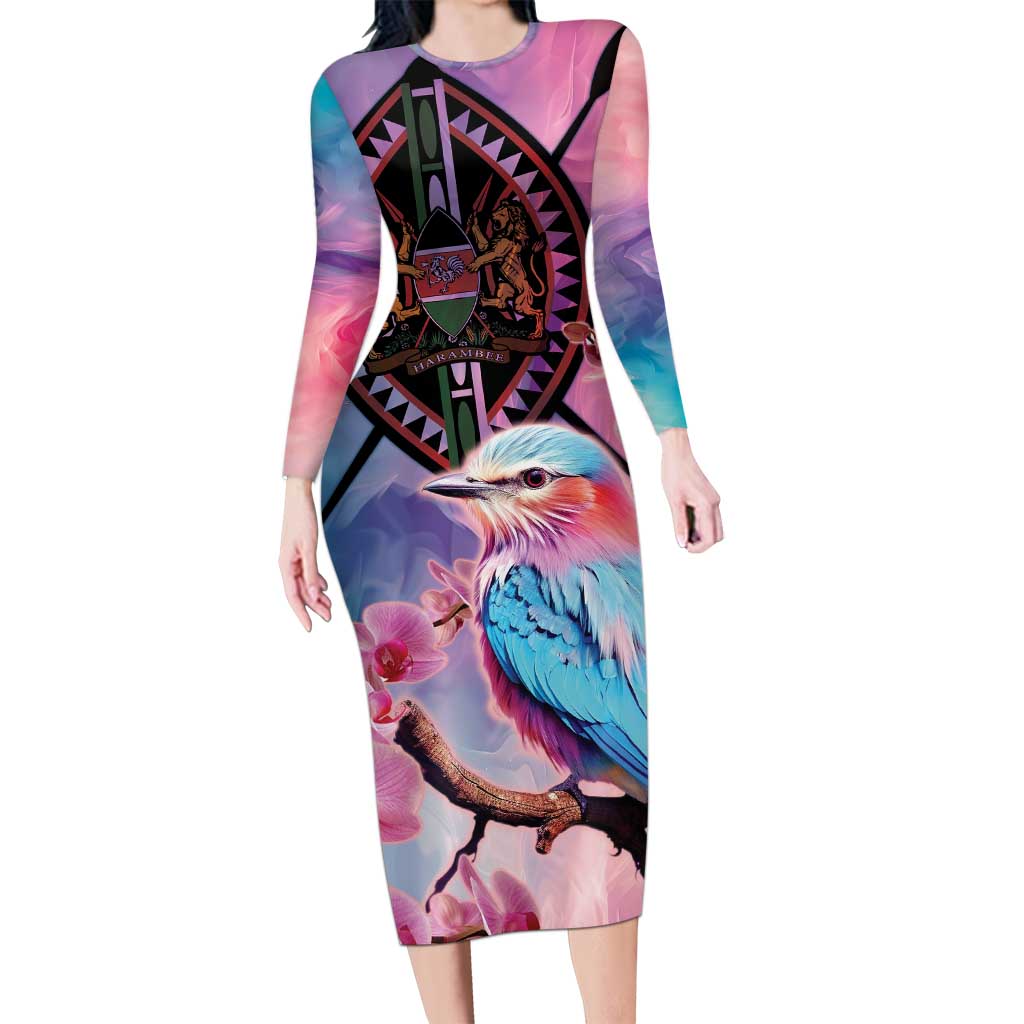 Kenya Lilac-Breasted Roller Long Sleeve Bodycon Dress Coat Of Arms Mix Orchid - Wonder Print Shop