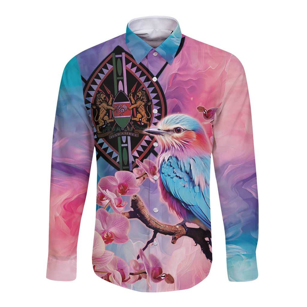 Unisex long sleeve button shirt with collared neckline; pink orchid and blue bird print