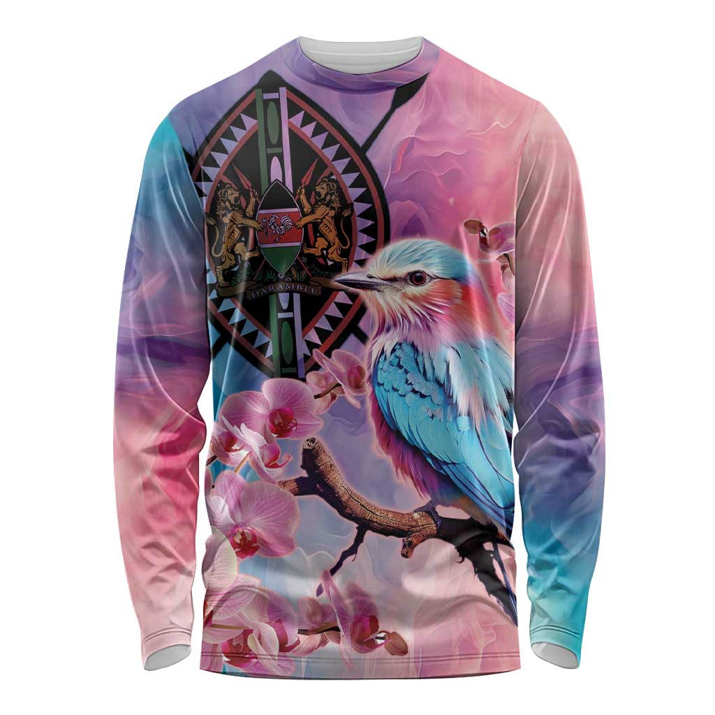 Kenya Lilac-Breasted Roller Long Sleeve Shirt Coat Of Arms Mix Orchid - Wonder Print Shop