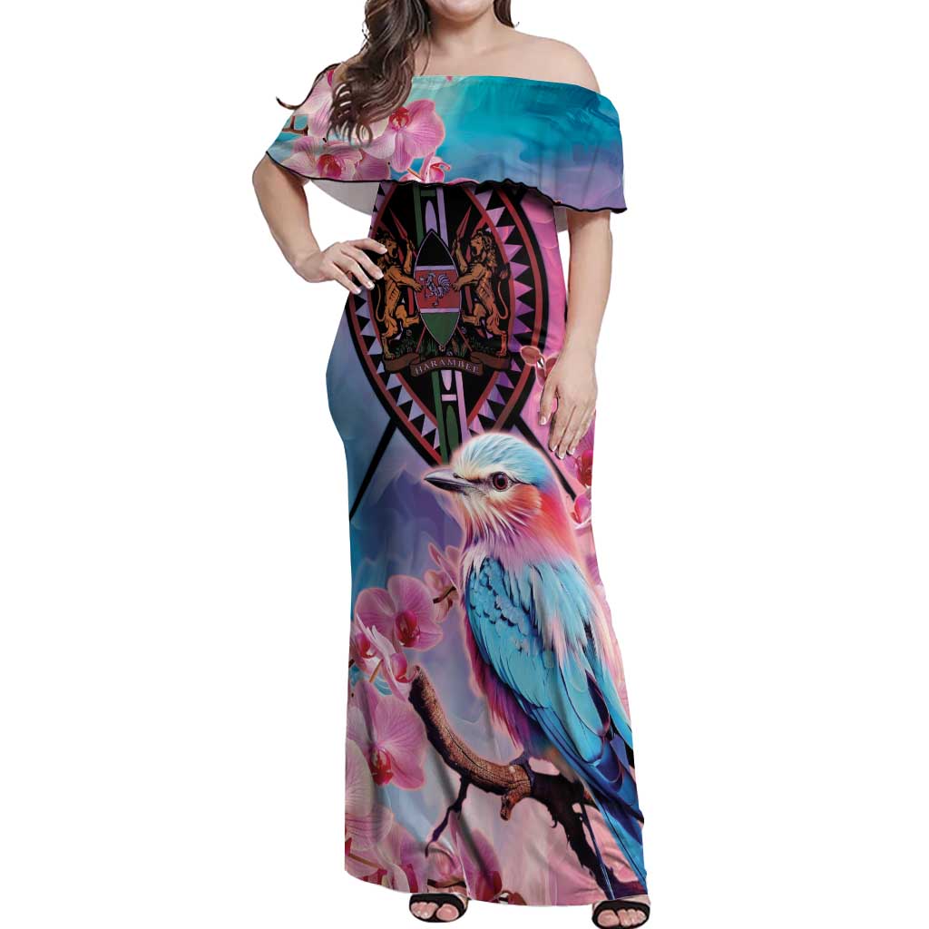 Kenya Lilac-Breasted Roller Off Shoulder Maxi Dress Coat Of Arms Mix Orchid - Wonder Print Shop