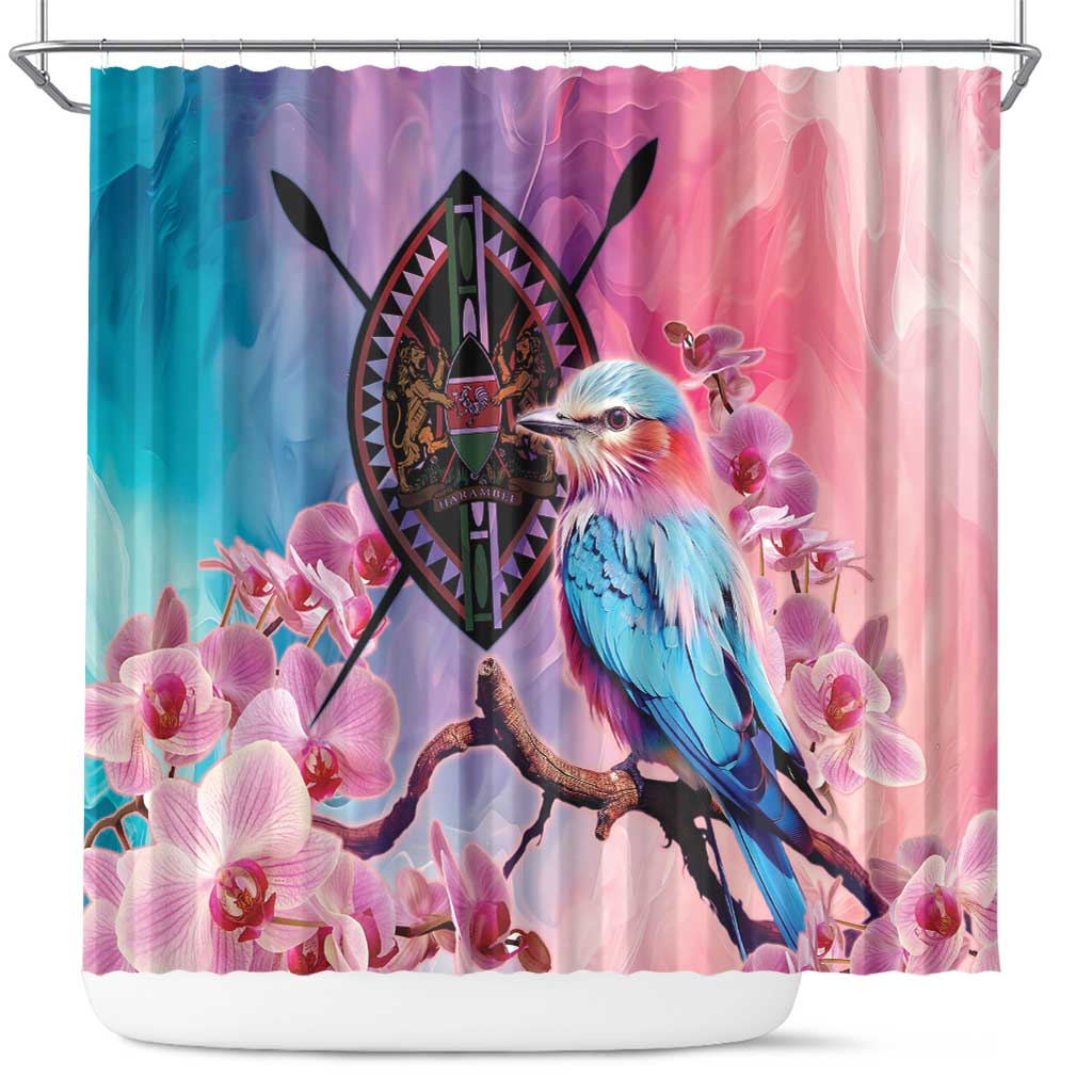 Kenya Lilac-Breasted Roller Shower Curtain Coat Of Arms Mix Orchid