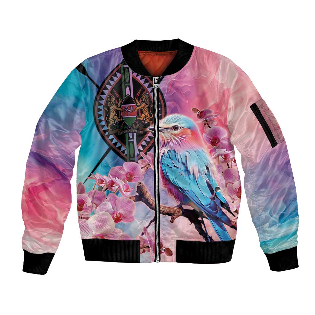 Kenya Lilac-Breasted Roller Sleeve Zip Bomber Jacket Coat Of Arms Mix Orchid - Wonder Print Shop