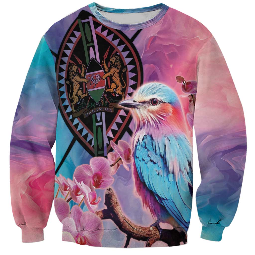 Unisex crewneck sweatshirt, pink/lilac with blue accents and bird-and-floral graphic